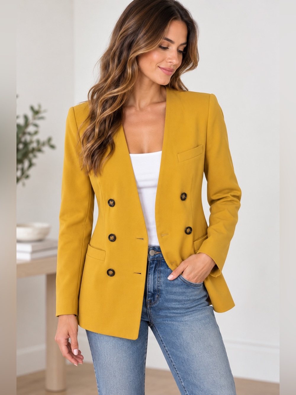 Vintage Casual Corner Petite Mustard Yellow Double Breasted Blazer 4P